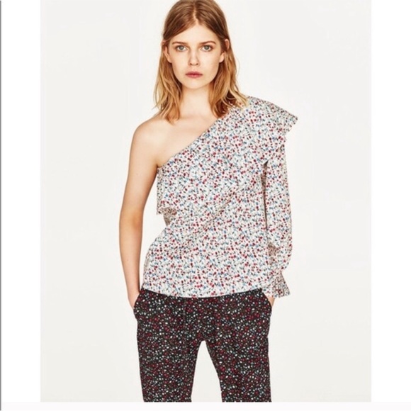 Zara Tops Zara White Floral One Shoulder Ruffle Blouse Poshmark